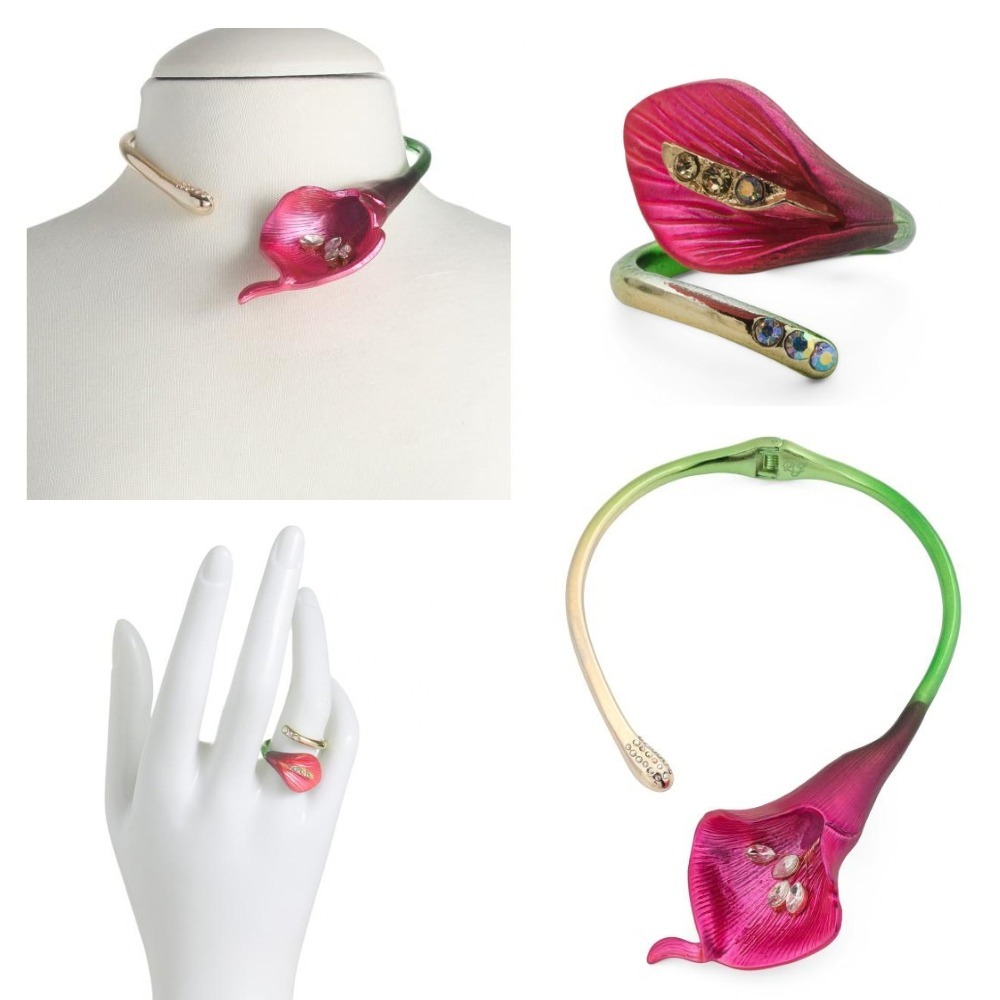 Betsey Johnson Gold Plated Pink Calla Lily Necklace & Matching Ring Set NWT Rare